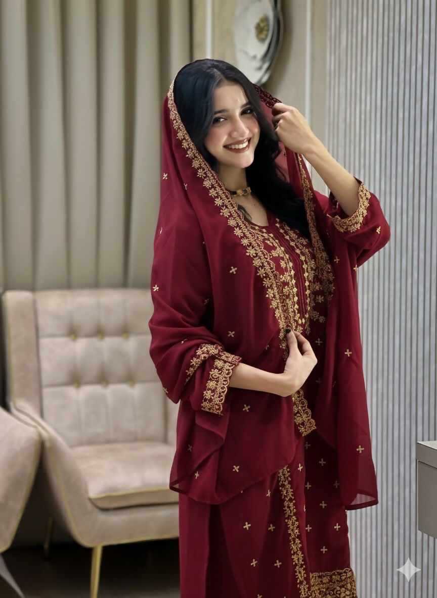 Teeya Creation Maroon Color Faux Georgette Embroidery Work Party Wear Salwar Suit | Grocsy