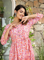Kaajh Women's Orange Ethnic Floral Hand Block Print Cotton Dress | Grocsy