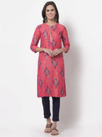 Myshka Women's Pink Printed 3/4 Sleeve Rayon Round Neck Casual Kurta | Grocsy