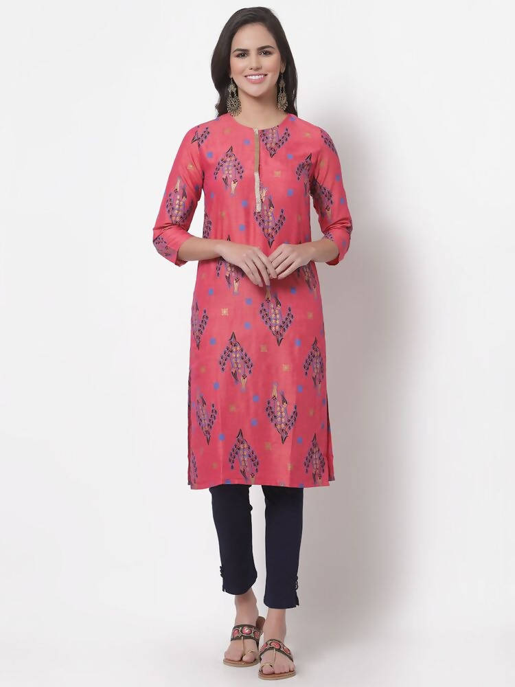 Myshka Women's Pink Printed 3/4 Sleeve Rayon Round Neck Casual Kurta | Grocsy