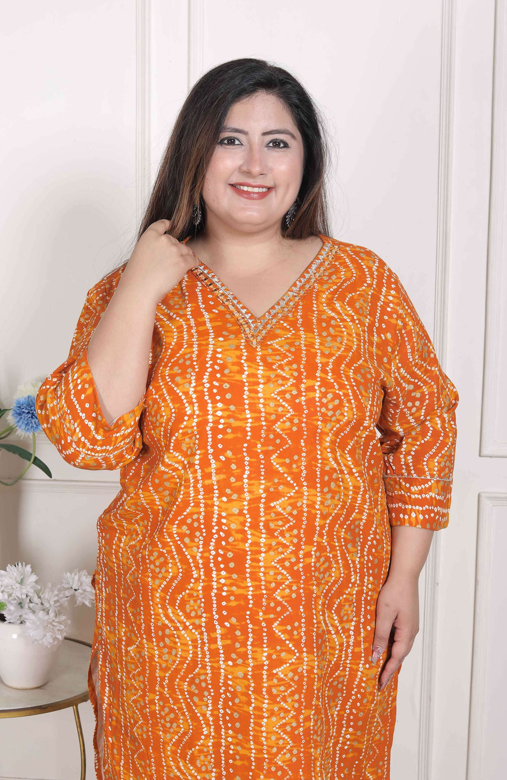 Miravan Women's Plus Size Yellow Bandhani Printed Straight Kurta | Grocsy