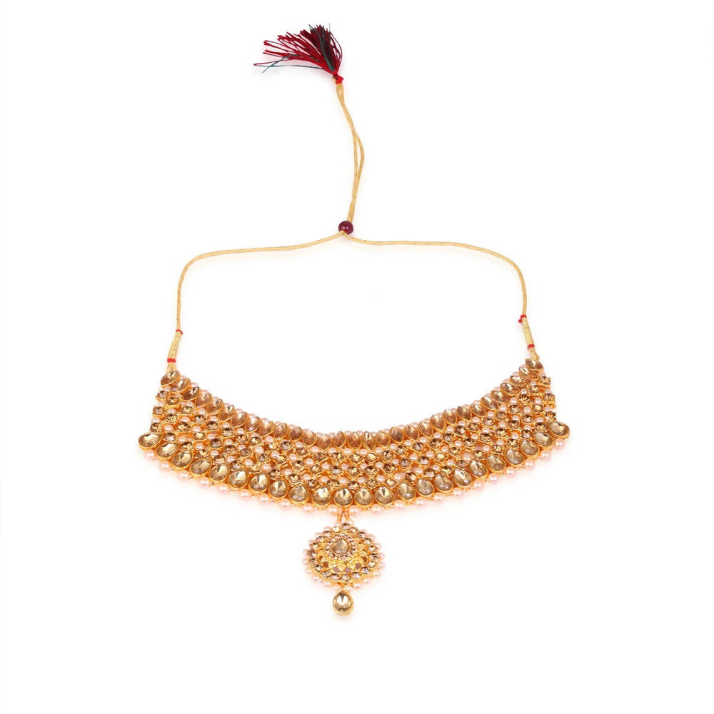 Tehzeeb Creations Stone And Pearl Studded Necklace With Earrings And Tikka | Grocsy