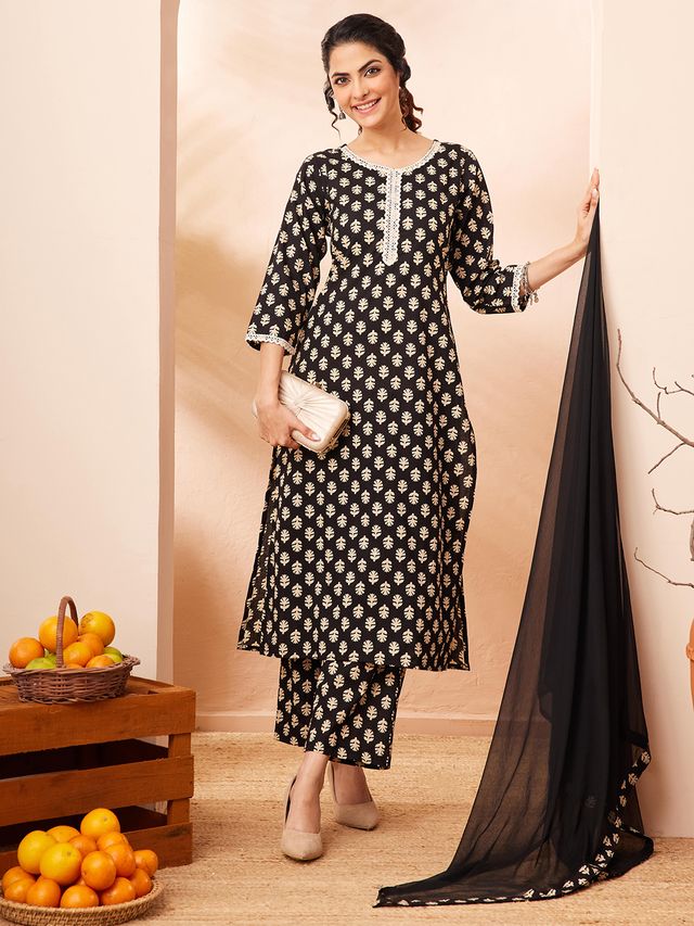 Janasya Black Straight Cotton Kurta,Bottom & Dupatta | Grocsy