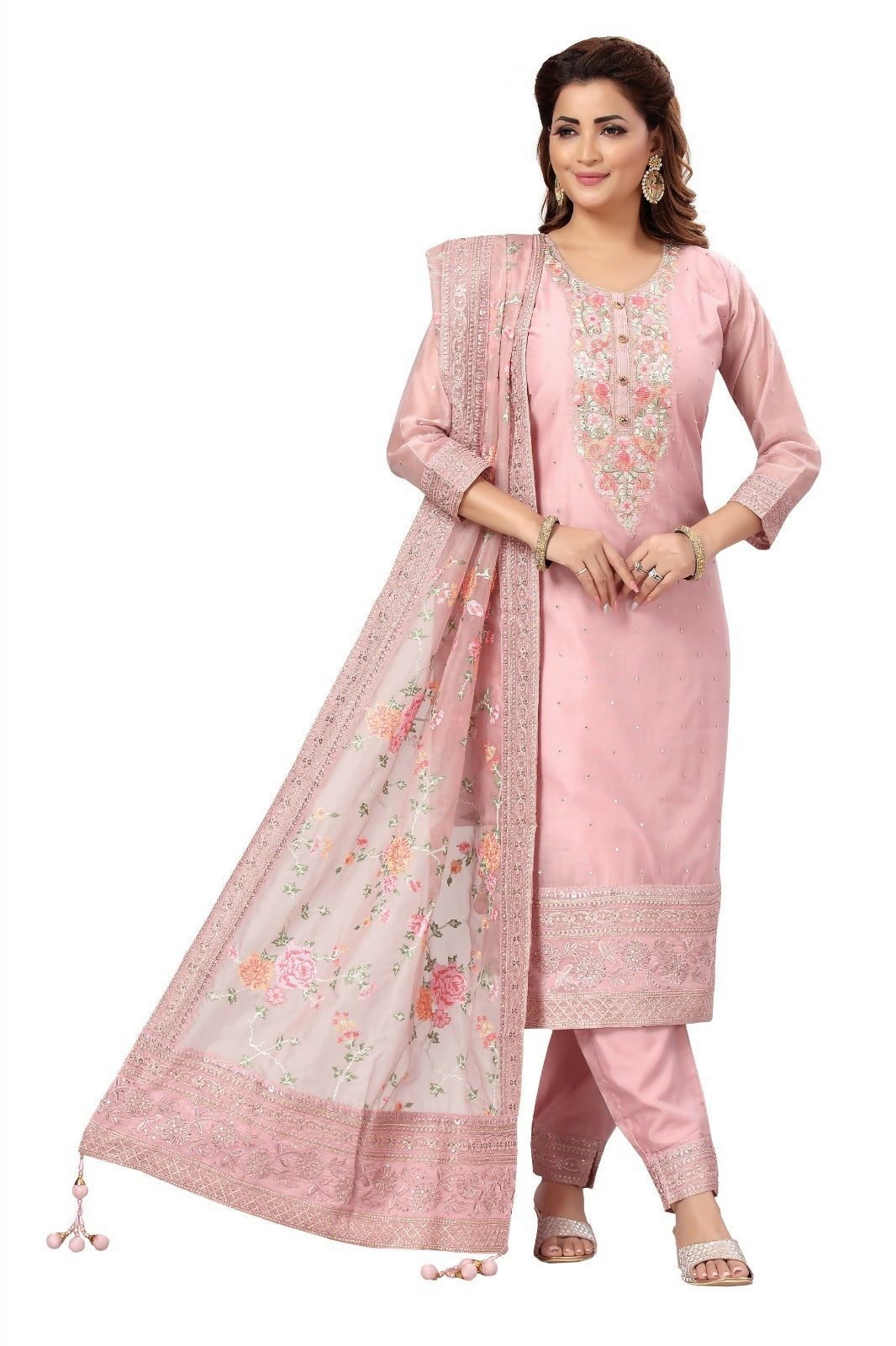 Joban Fashion Chanderi Pink Color Kurta Set | Grocsy