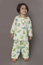 Breathables White Blue-Green Animal Cotton Nightsuit | Boys & Girls Kids | Grocsy