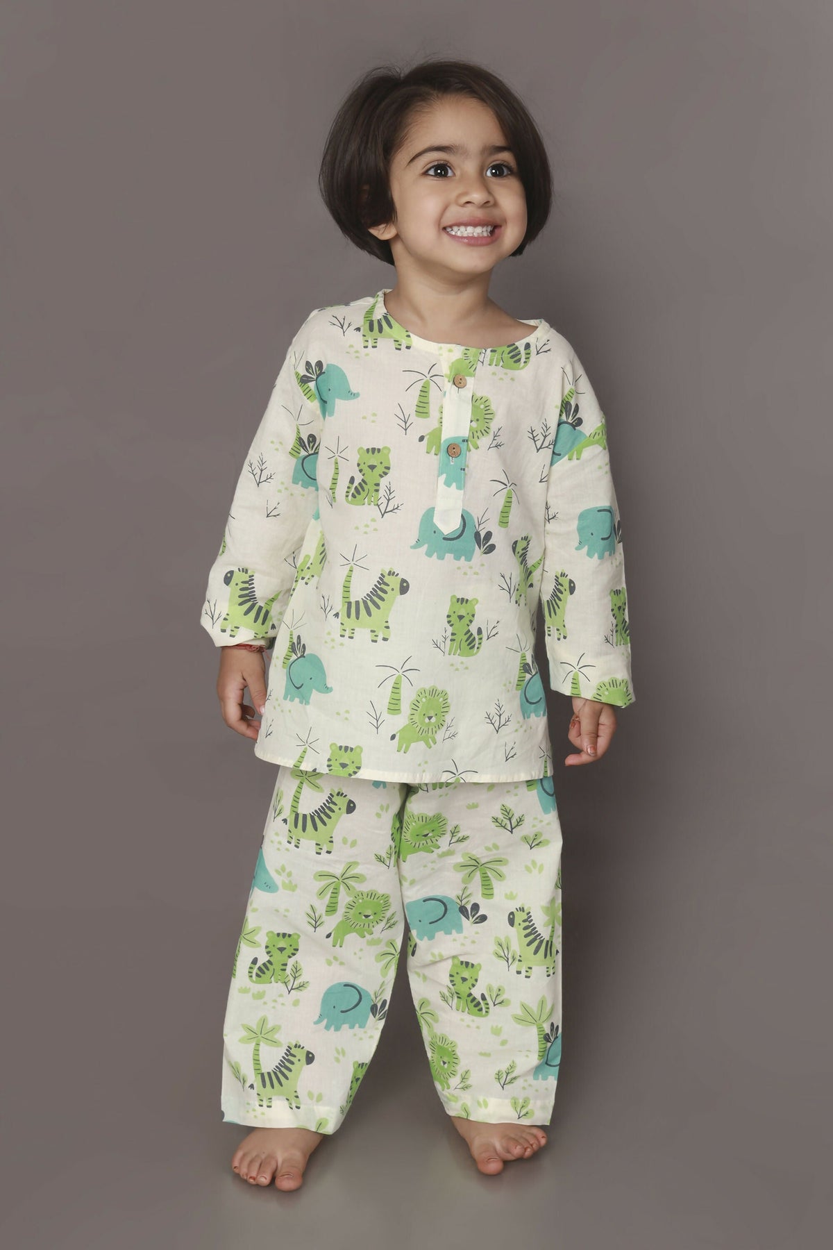 Breathables White Blue-Green Animal Cotton Nightsuit | Boys & Girls Kids | Grocsy