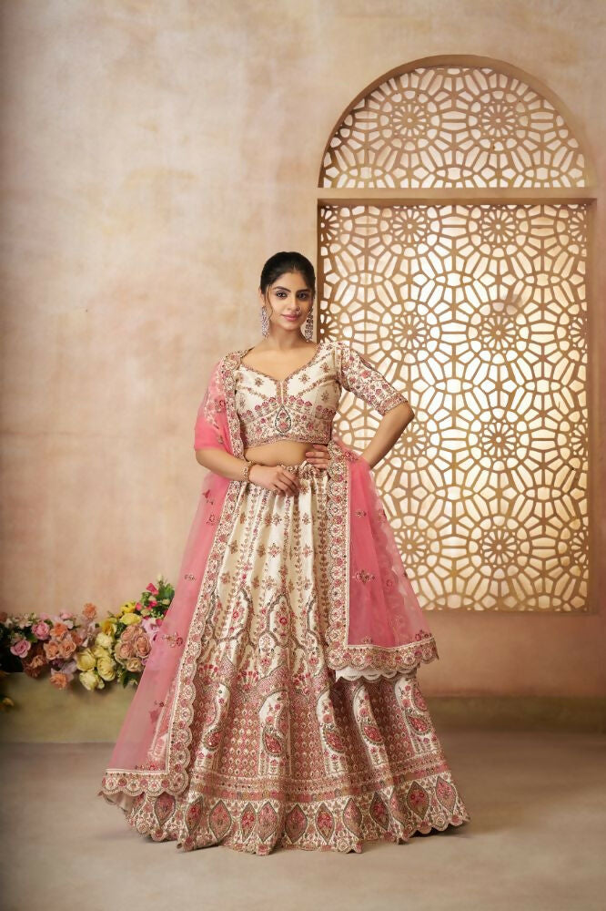 Kesar Fab White Silk Embroidered Lehenga | Grocsy