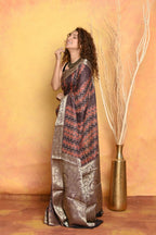 Very Much Indian Modal Silk Ajrakh Handblock Printed Natural Dyes With Designer Border Saree - Brown | Grocsy