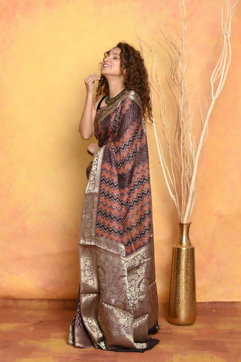 Very Much Indian Modal Silk Ajrakh Handblock Printed Natural Dyes With Designer Border Saree - Brown | Grocsy