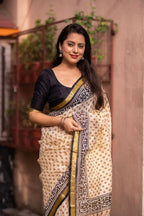 Cream Silk Blend Geometric Saree with Unstitched Blouse - A2M | Grocsy