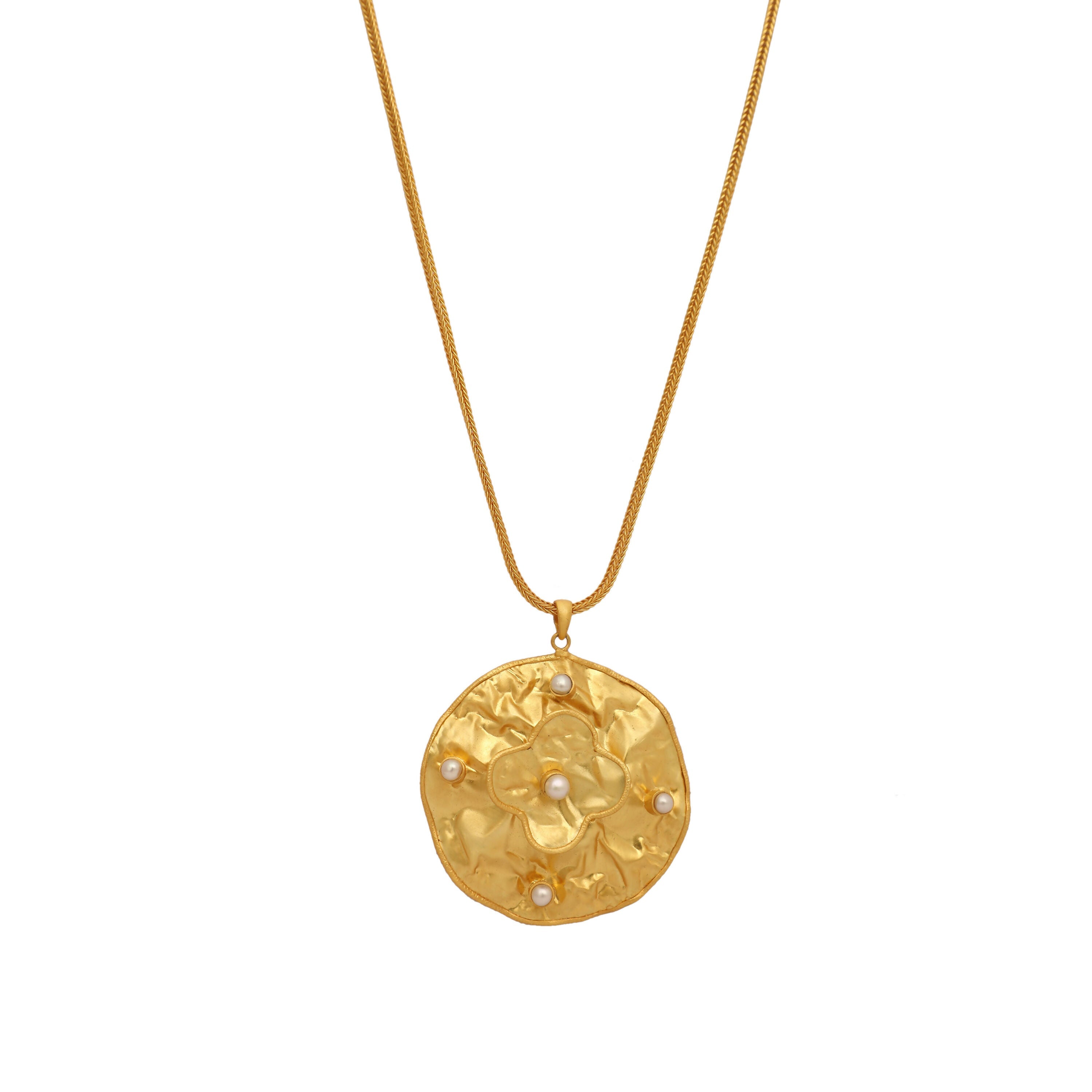 Nuyug 18K Gold-Plated Pearl Embellished Minimal Chain Textured Surface Floral Pendant Necklace | Grocsy