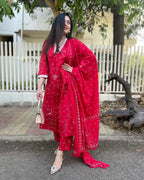 The52 Red Women's Beautiful Rayon Fabric Printed Work Straight Kurta Pant and Dupatta Set | Grocsy