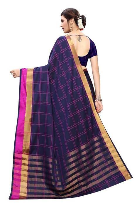 Vamika Navy Cotton Silk Weaving Saree (Rimi Checks Navy) | Grocsy