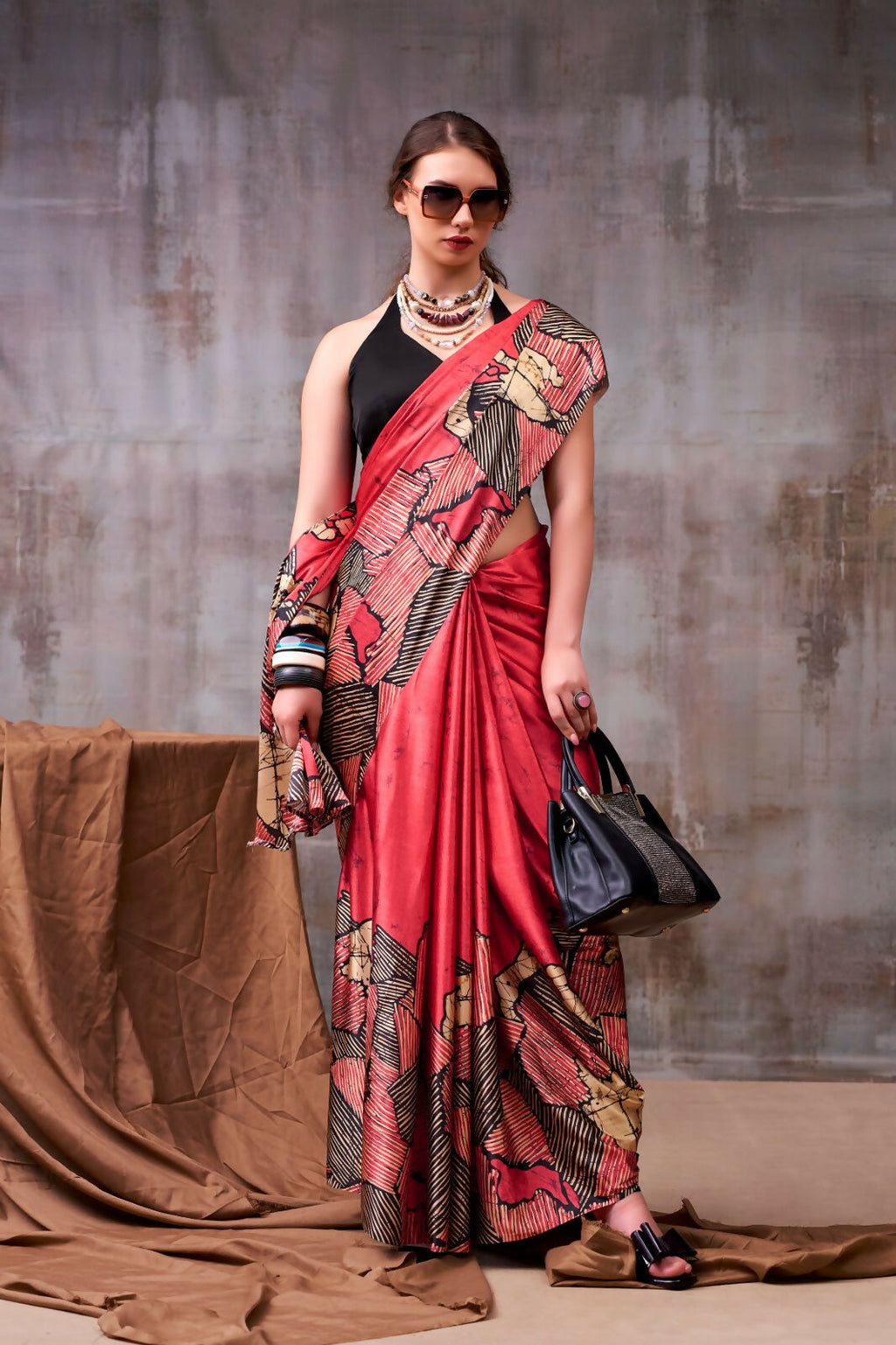 Vastranavya Red Satin Silk Printed Saree with a Natural Silk Unstitched Blouse | Grocsy