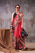 Vastranavya Red Satin Silk Printed Saree with a Natural Silk Unstitched Blouse | Grocsy