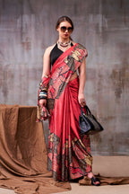 Vastranavya Red Satin Silk Printed Saree with a Natural Silk Unstitched Blouse | Grocsy