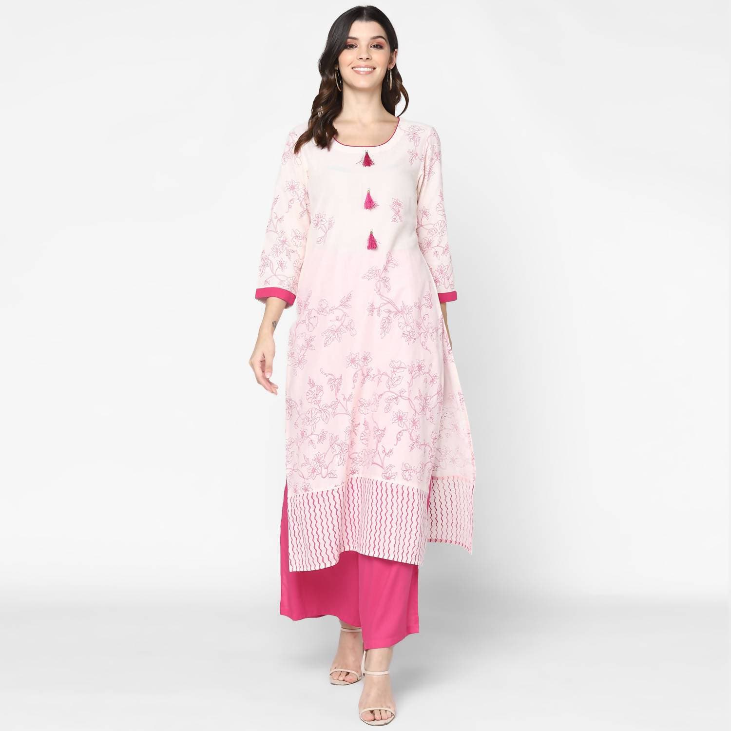 Cheera Hand Block Print Cream & Magenta Straight Kurta With Palazzo (MAAI-080K) | Grocsy