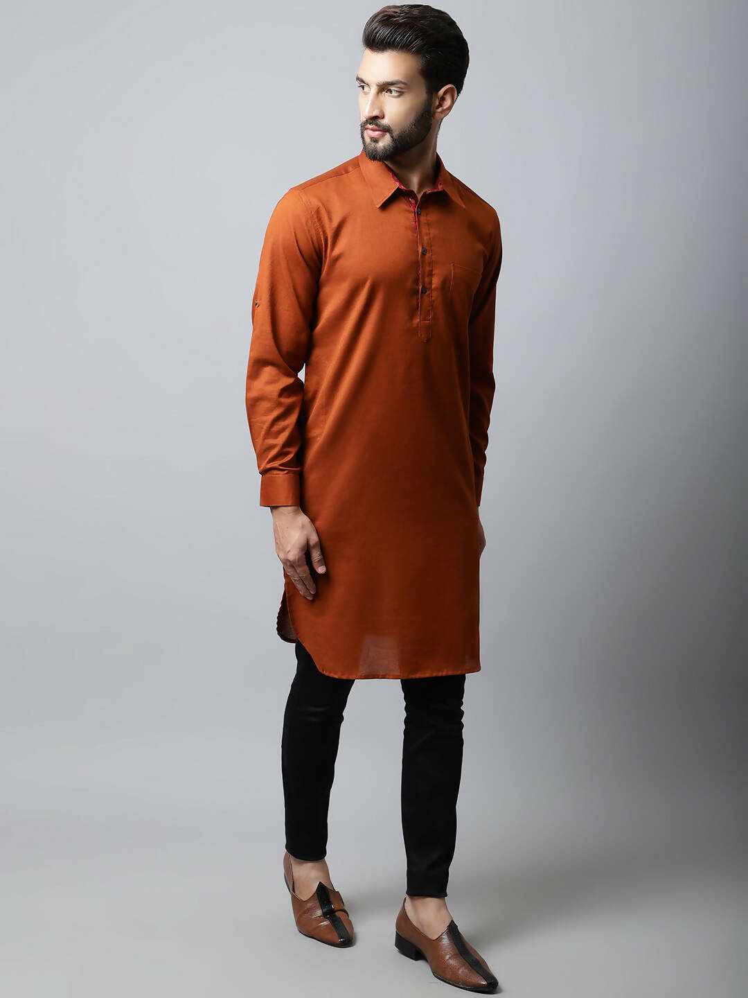 Even Apparels Brown Color Pure Cotton Solid Men's Kurta With Shirt Collar (SLD1137) | Grocsy