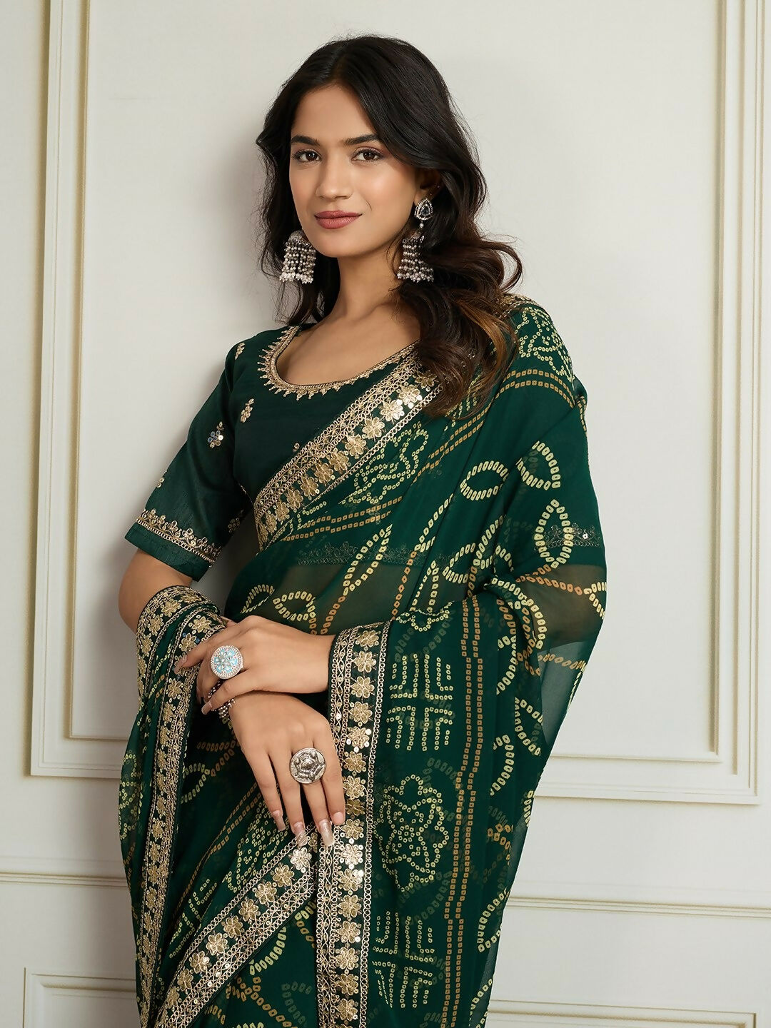 Ai Fashion Dark Green Georgette Rajwadi Bandhani Print Party Wear Saree | Grocsy