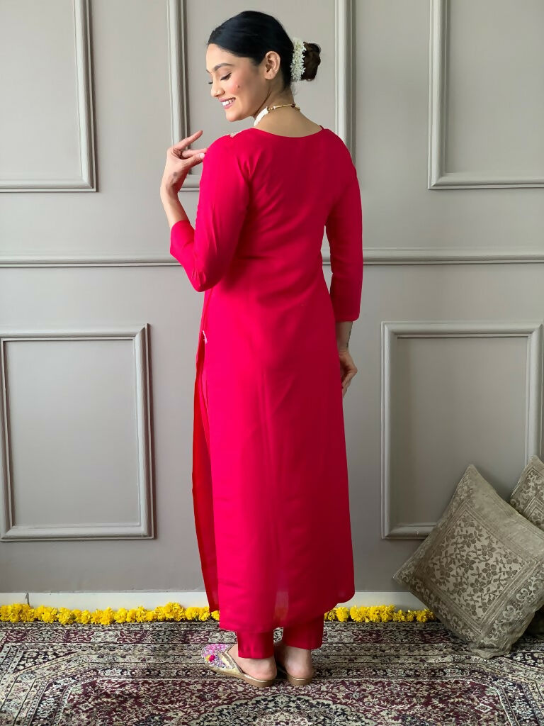 Partywear Designer Viscos Chanderi Red Stitched Suit With Dupatta - Tanisha | Grocsy