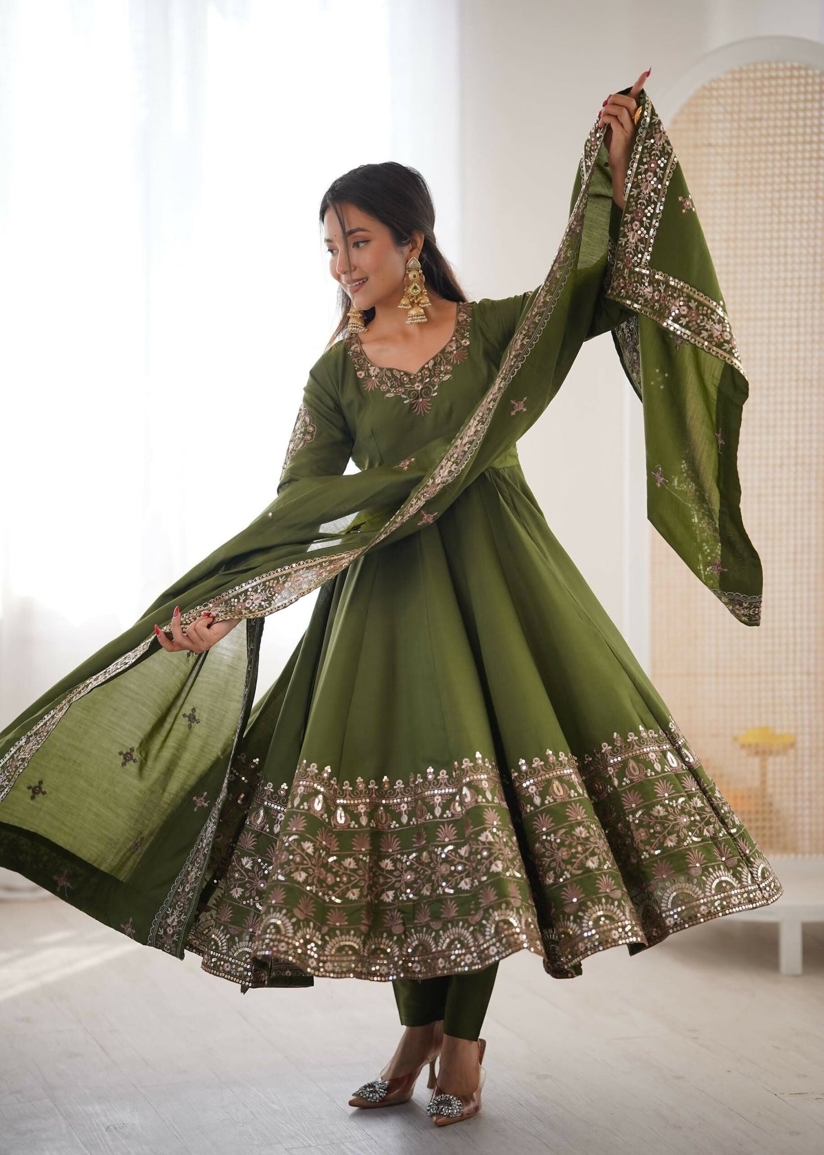 Teeya Creation Green Roman Silk Embroidery Work Party Wear Long Gown | Grocsy