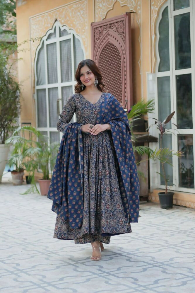 Vastranavya Navy Blue Pure Cotton Printed Top with Pant & Dupatta Set | Grocsy