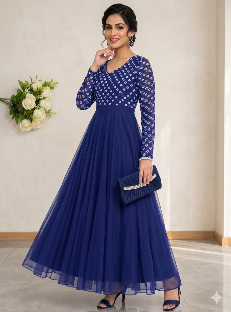 Teeya Creation Women's Royal Blue Bandhani Print Anarkali Gown | Grocsy