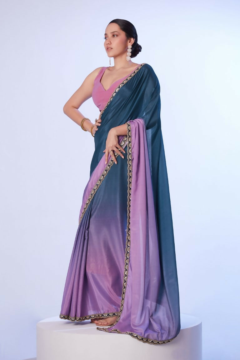 Teal Blue Chinon Solid Designer & Lace Work Saree - Samaa | Grocsy
