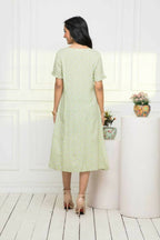 Myshka Women Green Ethnic Motifs Rayon A-Line V-Neck Dress | Grocsy