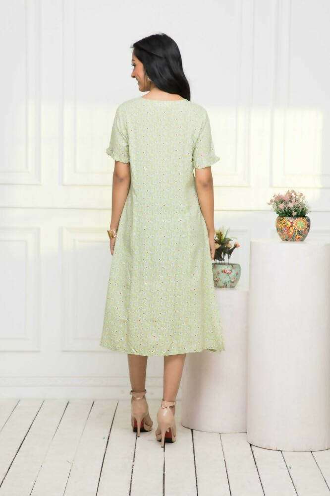 Myshka Women Green Ethnic Motifs Rayon A-Line V-Neck Dress | Grocsy