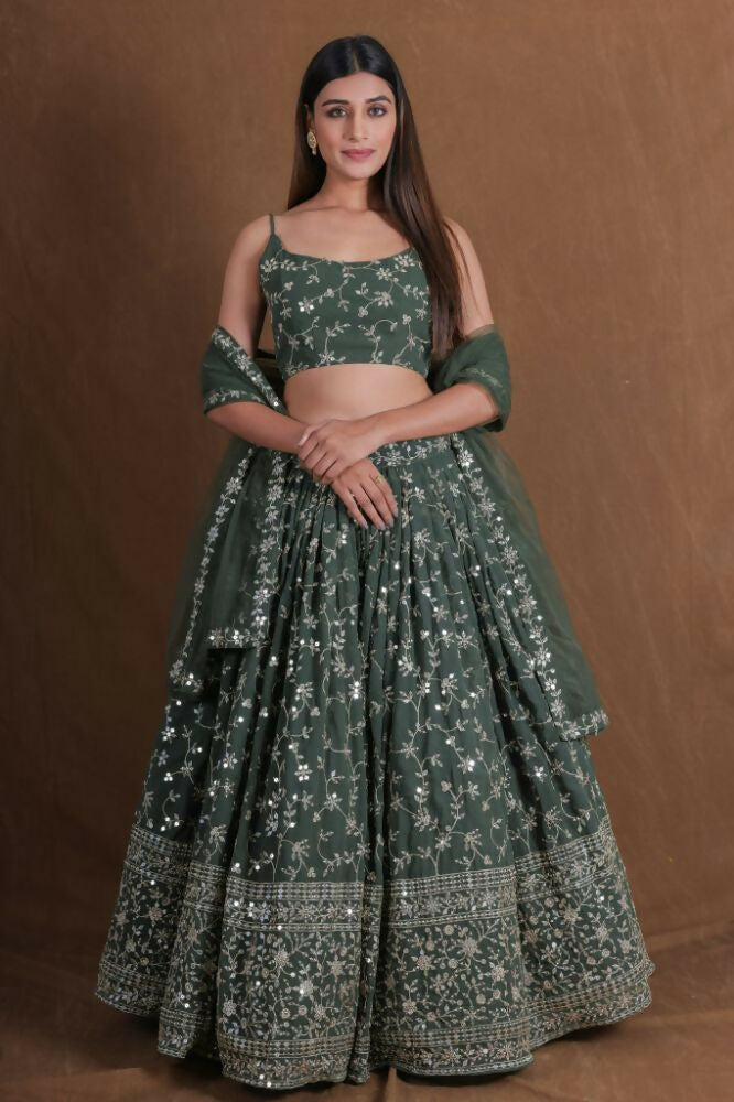 Green Georgette Zari,Sequence Embroidery Work Lehenga Choli - Jihu Culture | Grocsy