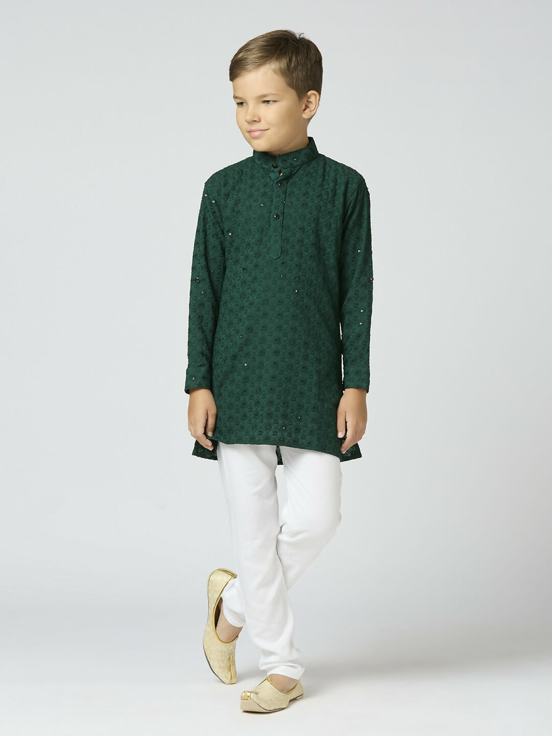 Joban Fashion Kids Island Full Sleeves Cotton Kurta and Pyjama Set with Sequin work - Green | Grocsy
