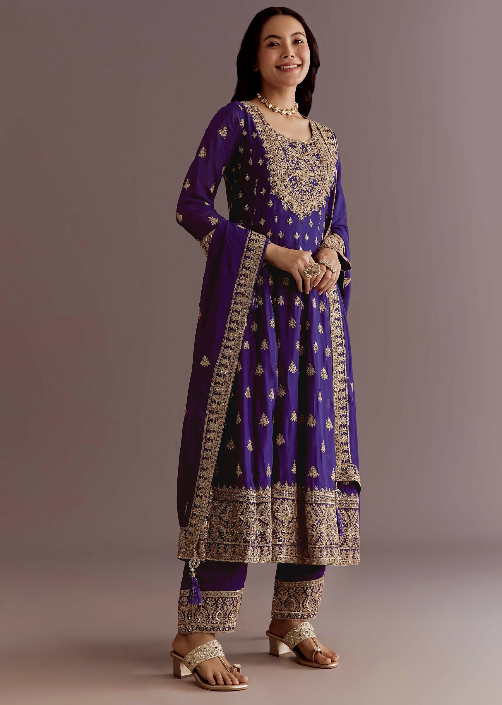 Teeya Creation Purple Color Chinnon Silk Embroidery Work Gown | Grocsy
