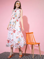 Myshka Women's White Floral Printed Empire Dress | Grocsy
