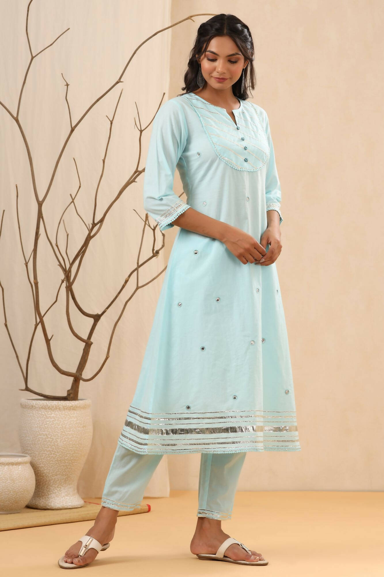 Juniper Women Skyblue Cambric Gotta Work Straight Kurta Sets | Grocsy