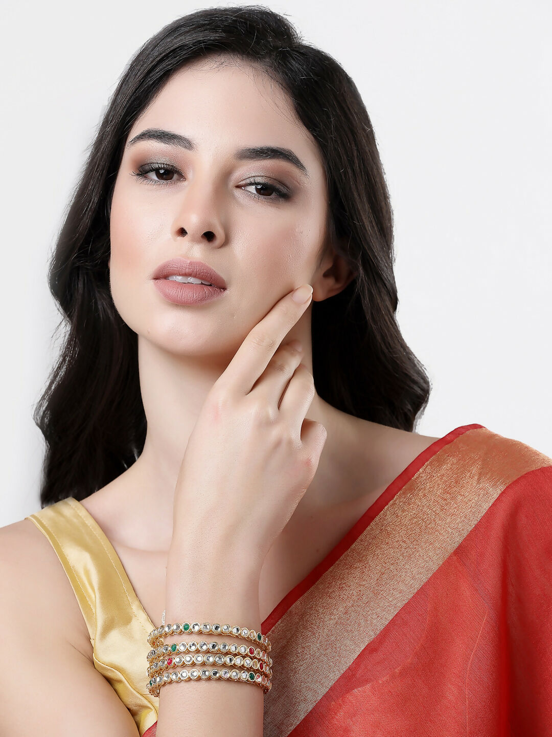 NVR Women Set of 4 Gold-Polished Kundan Studded Bangles