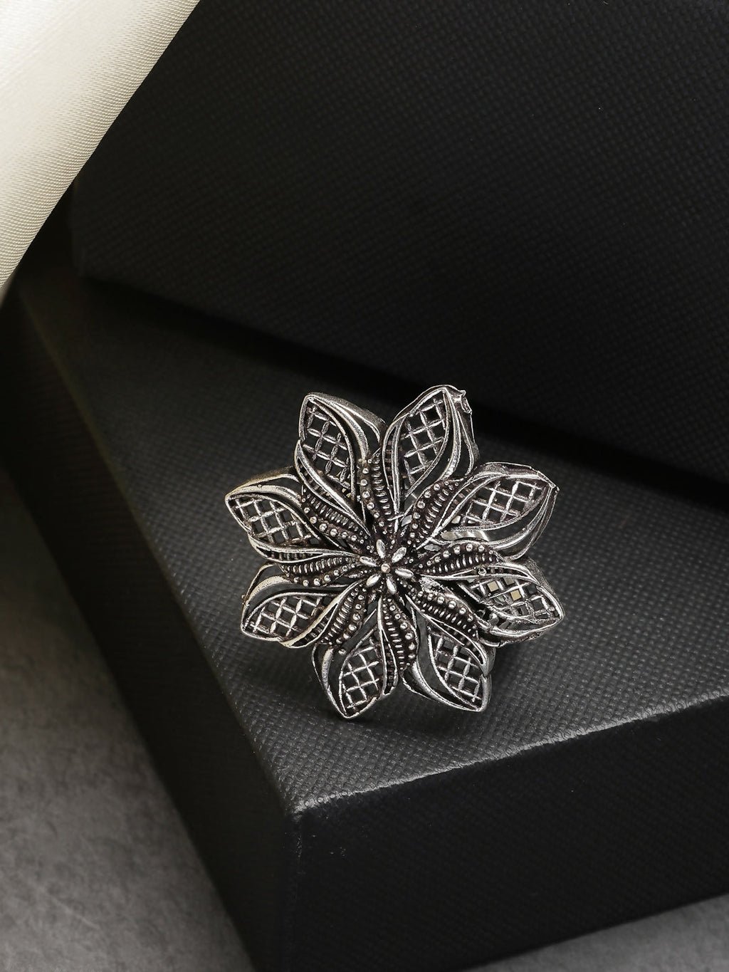 NVR Women's Silver-Toned Floral Shape Adjustable Finger Ring | Grocsy