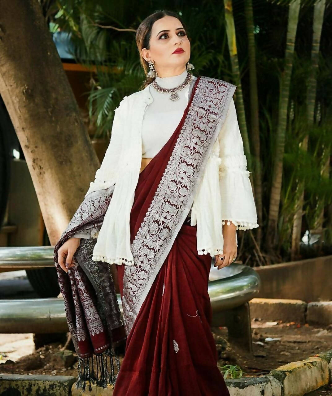 DEIANA'S Beautiful Designer Golden zari Soft Lichi Silk Saree - Wine | Grocsy