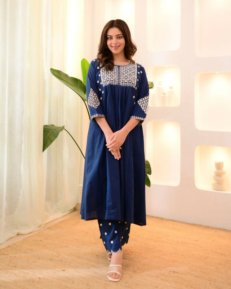 The52 Women's Beautiful Viscose Rayon Fabric Thread Work Flared Kurta Pant Set | Grocsy