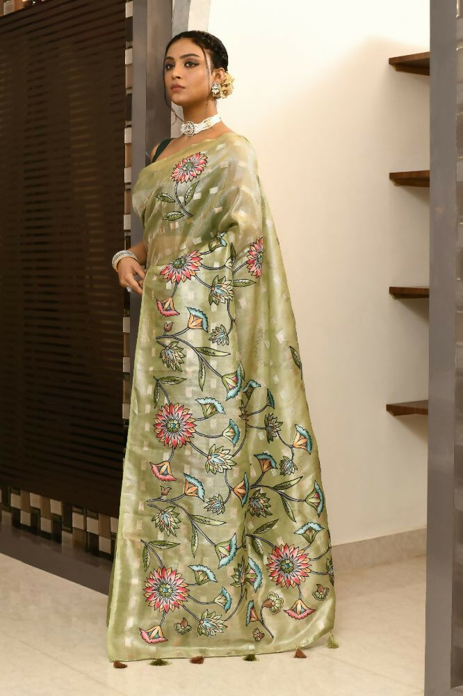 Joban Fashion Green Saree Tissue Zari Buti Allover Applick With Contrast Blouse | Grocsy