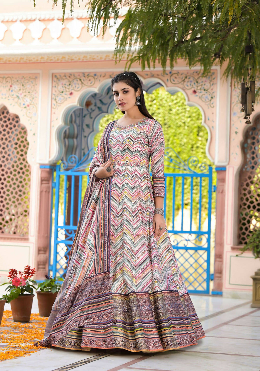 Functional Designer Off White-Muliti Dola Silk Anarkali suit with Dupatta - Ramya | Grocsy