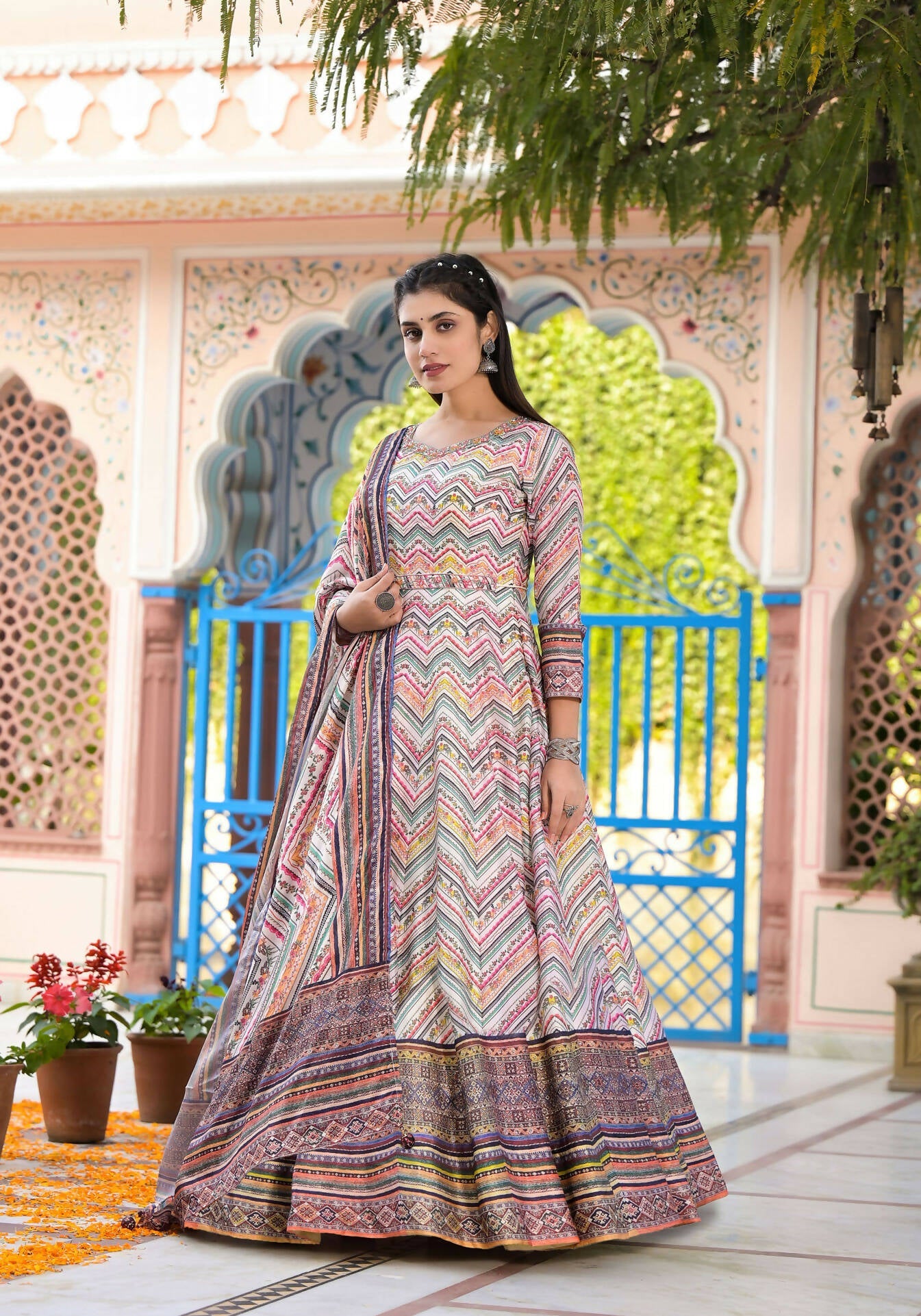 Functional Designer Off White-Muliti Dola Silk Anarkali suit with Dupatta - Ramya | Grocsy