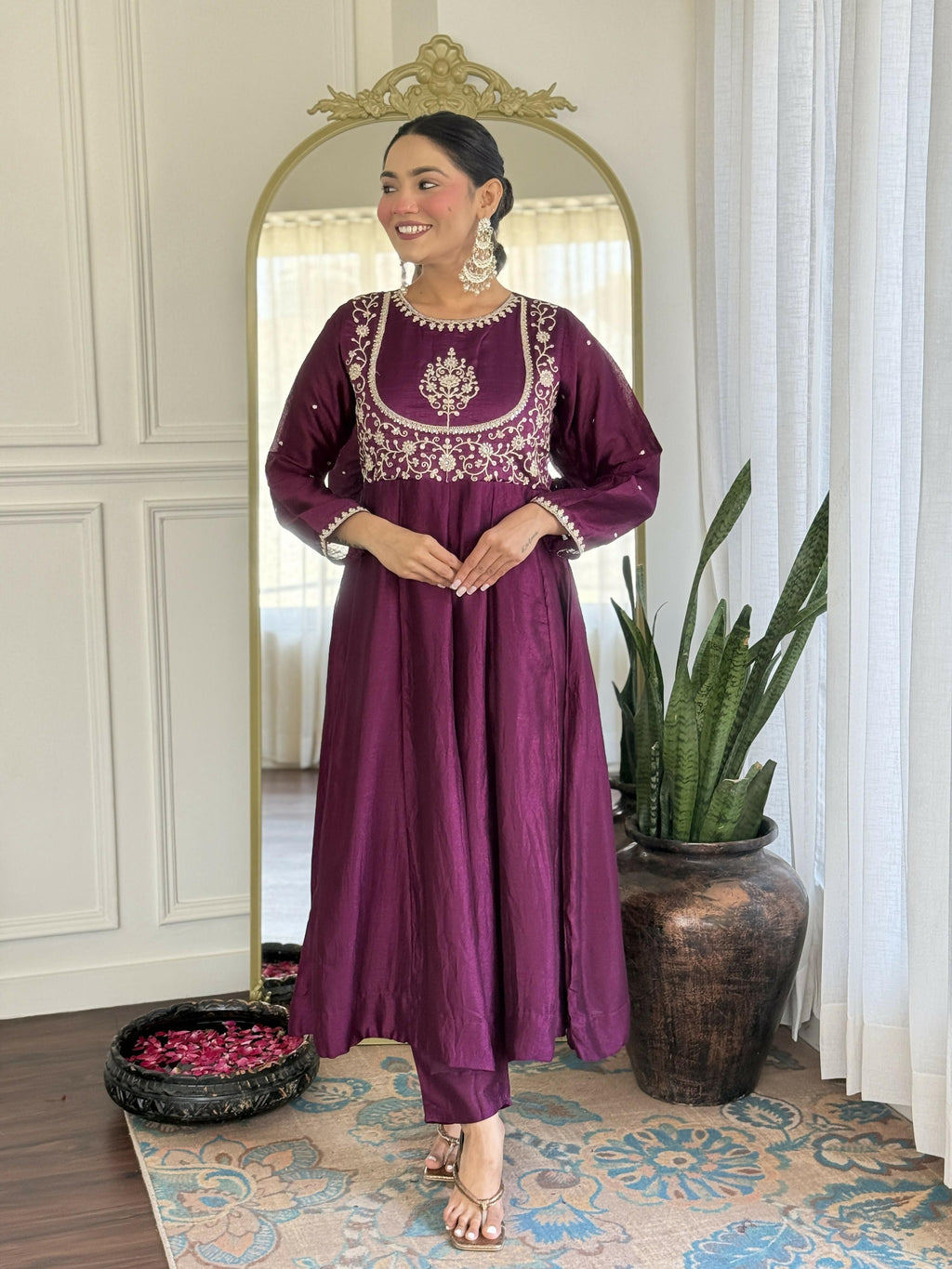 The52 Purple Women's Gorgeous Embroidered Vichitra Silk Fabric Flared Kurta Pant with Dupatta Set | Grocsy