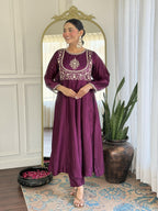 The52 Purple Women's Gorgeous Embroidered Vichitra Silk Fabric Flared Kurta Pant with Dupatta Set | Grocsy