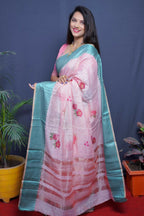 Jyoti Fashion Women's Teal Linen Silk Digital Print with Jacquard Woven Border Saree with Blouse | Grocsy