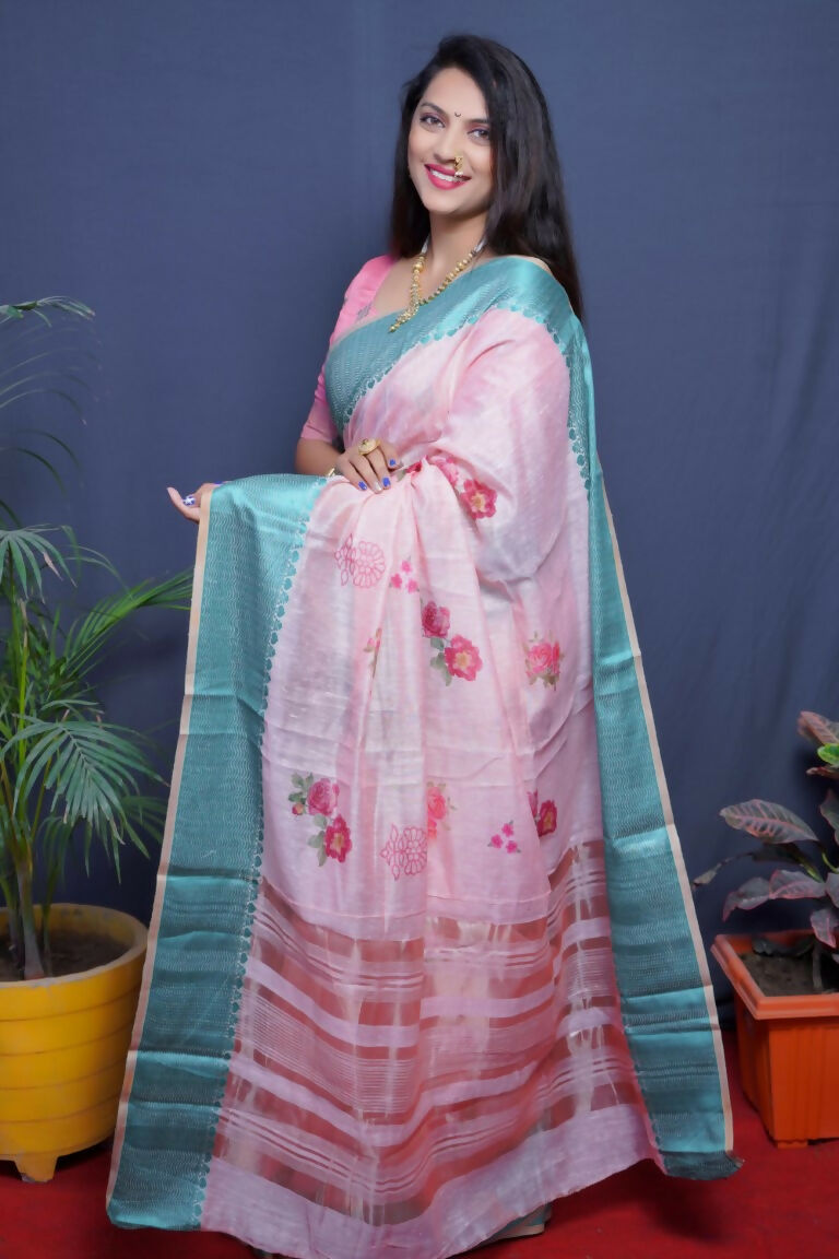Jyoti Fashion Women's Teal Linen Silk Digital Print with Jacquard Woven Border Saree with Blouse | Grocsy