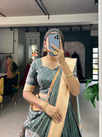 Vastranavya Kalamkari Print With Weaving Border Lehenga with Unstitched Blouse - Grey | Grocsy
