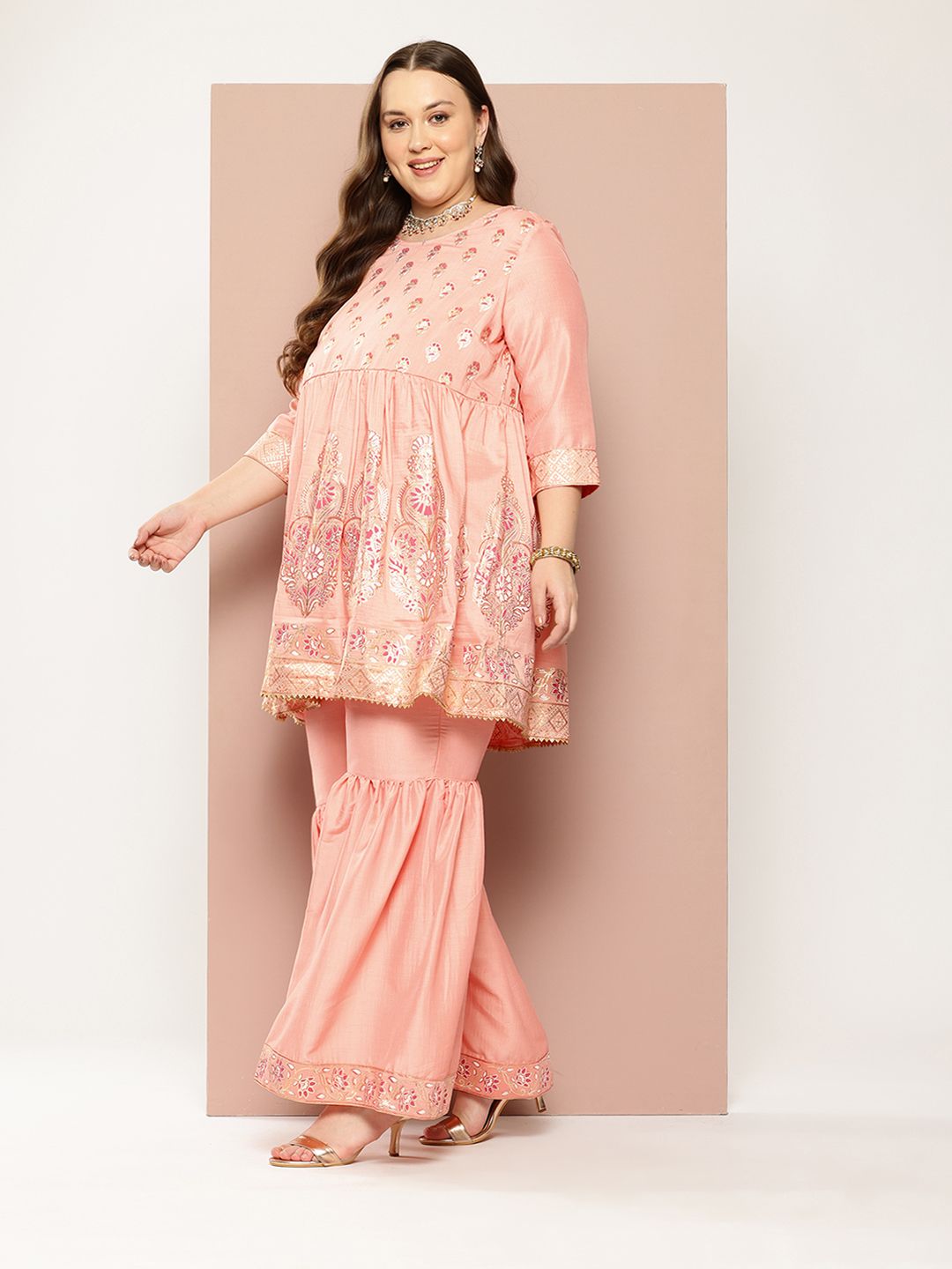 Sztori Plus Size Ethnic Motifs Printed Gotta Patti Empire Kurta with Sharara | Grocsy