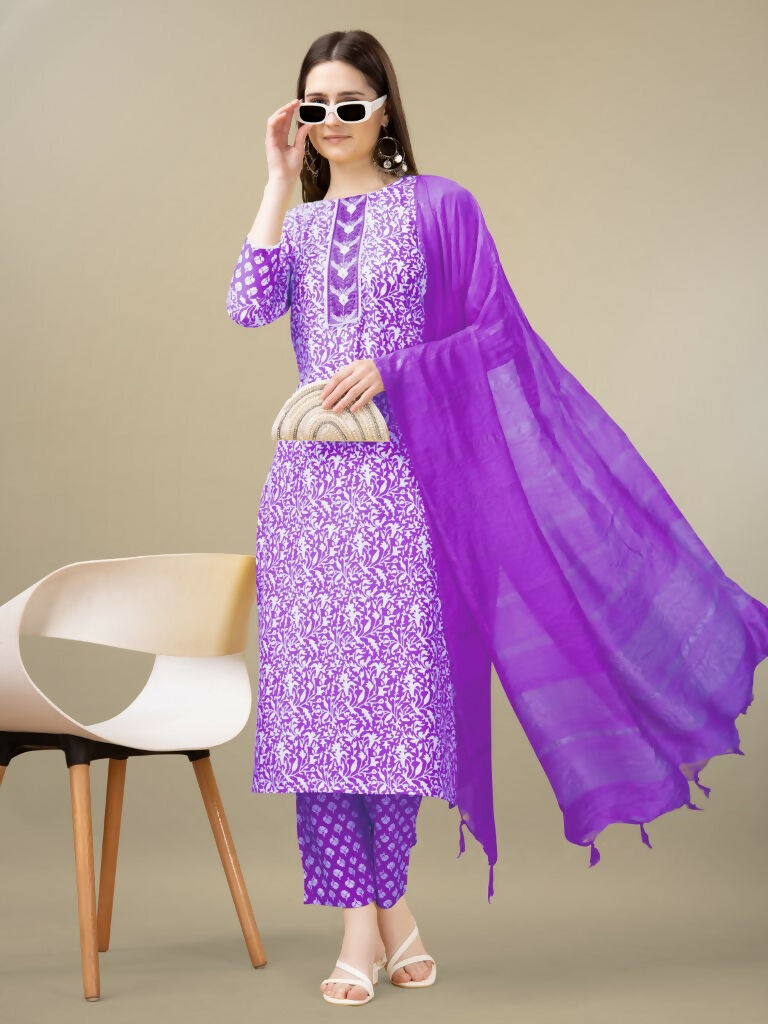 Jyoti Fashion Women's Purple Rayon Embroidery & Sequence work Kurta with Trouser & Dupatta | Grocsy