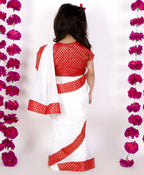 Little Bansi Girls Red And White Color Bengali Saree With Floral Brocade Blouse | Grocsy